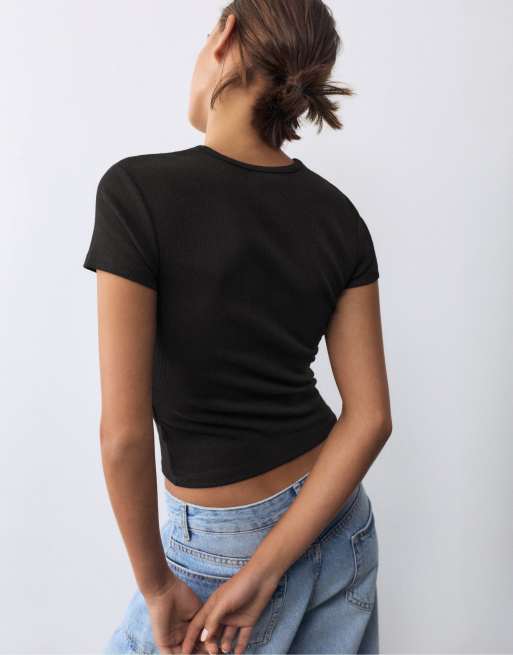 Pull&Bear - Geribbeld T-shirt met korte mouwen in zwart, 2 van 7