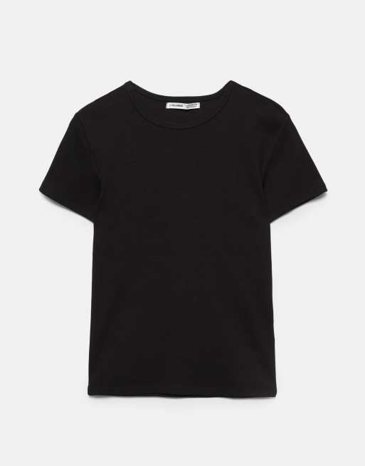 Pull&Bear - Geribbeld T-shirt met korte mouwen in zwart, 5 van 7