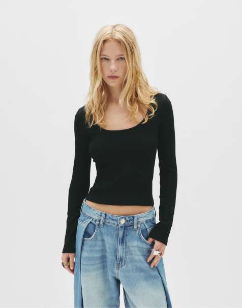 Pull&Bear - Geribbeld T-shirt met lange mouwen in zwart - view 1