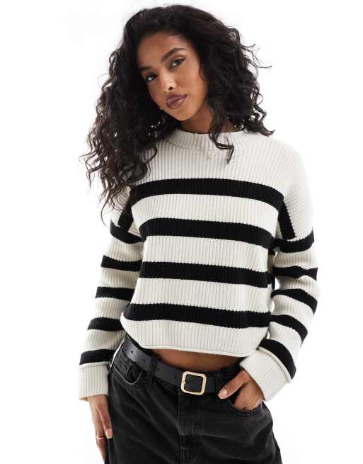 Pull&Bear - Geribbelde gebreide trui met strepen in zwart en wit