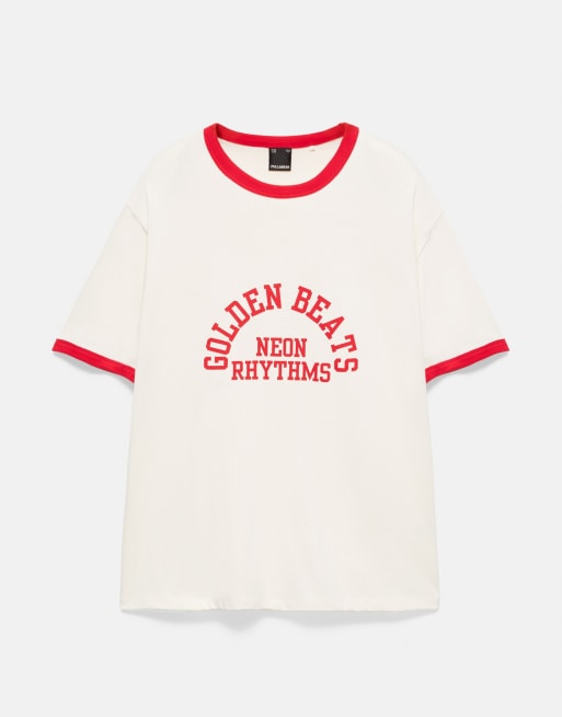 Pull&Bear geribbelde graphic T-shirt in wit en rood, 3 van 5