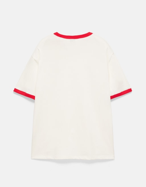 Pull&Bear geribbelde graphic T-shirt in wit en rood, 5 van 5