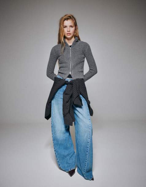 Pull&Bear geribbelde ritsvest in gemêleerd grijs - view 1