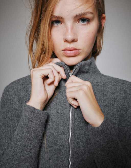 Pull&Bear geribbelde ritsvest in gemêleerd grijs, 2 van 7