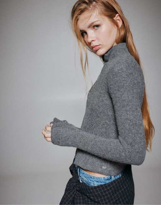 Pull&Bear geribbelde ritsvest in gemêleerd grijs, 5 van 7
