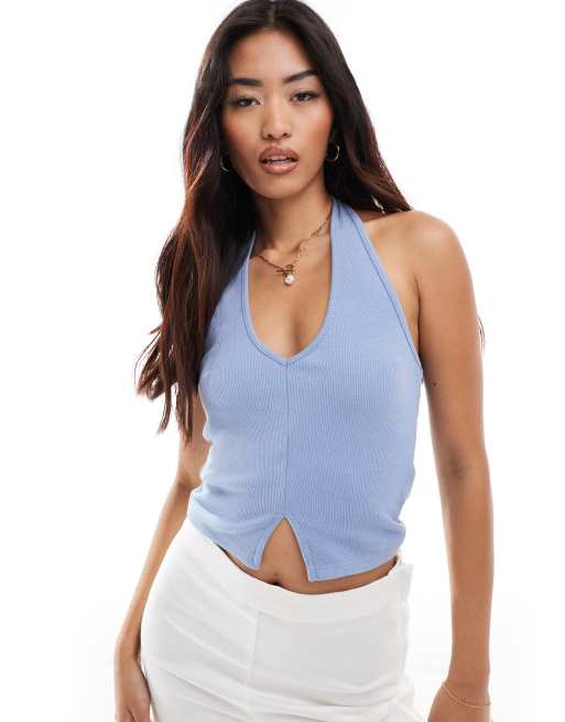Pull&Bear - Geribbelde top met halternek in babyblauw