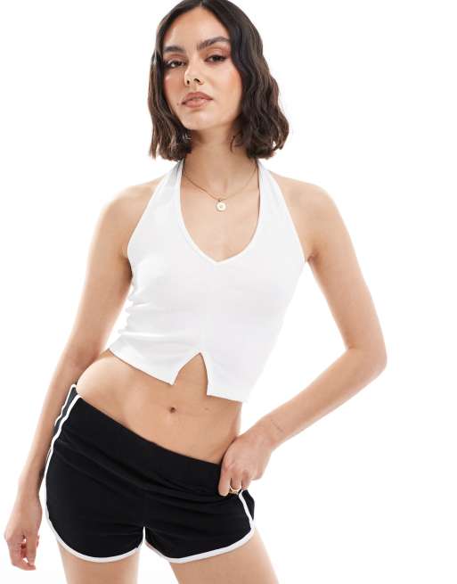 Pull&Bear - Geribbelde top met halternek in wit