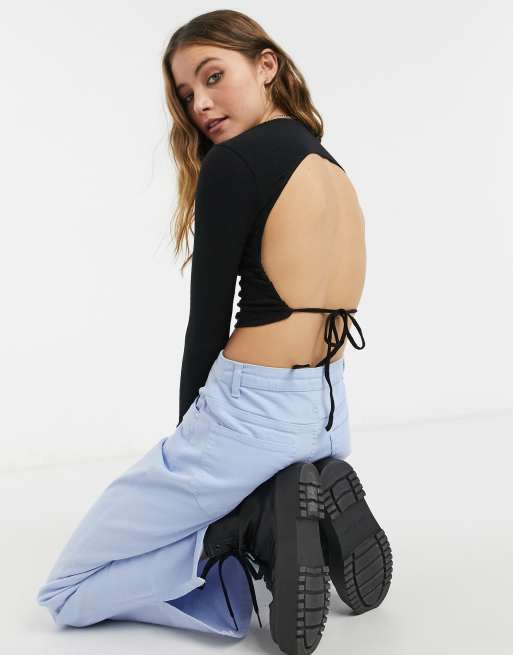 Pull&Bear - Geribbelde top met open achterkant in zwart