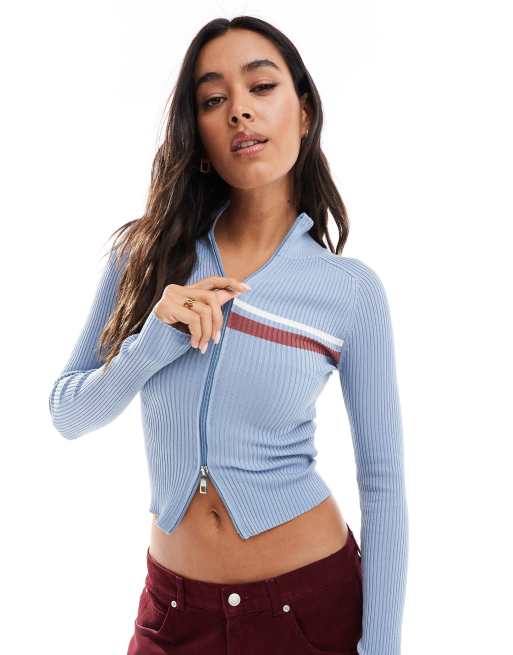 Pull&Bear - Geribbelde trui met rits en streepdetail in blauw