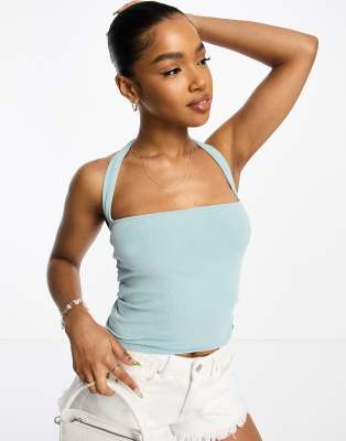Pull&Bear - Geribbelde tubetop met halternek in groene wassing 