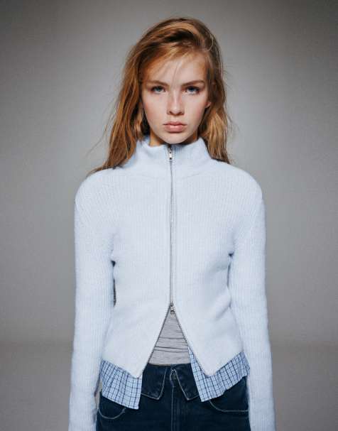 Pull&Bear geribd vest met rits in pastelblauw - view 1