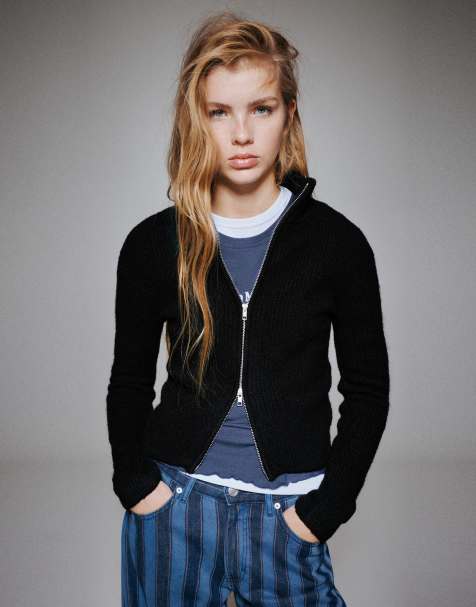 Pull&Bear geribd vest met rits in zwart - view 1