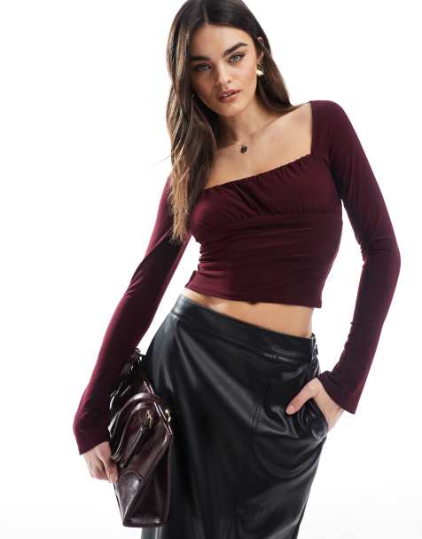 Pull&Bear - Gerimpelde top van mesh met lange mouwen in bordeauxrood - view 1