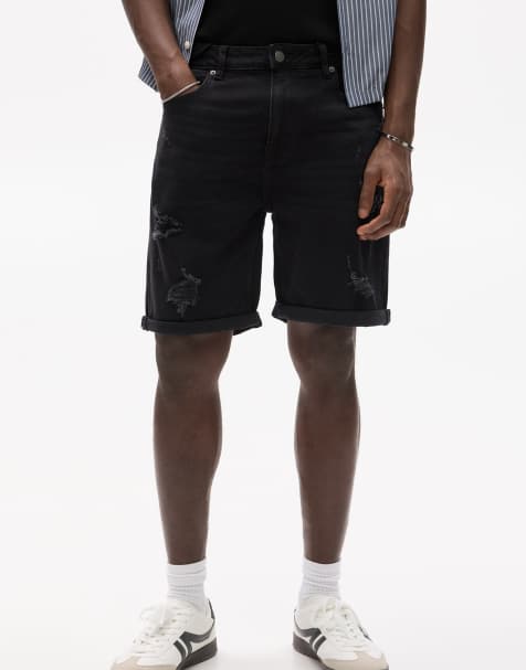 Pull&Bear – Gerippte Bermuda-Jeansshorts in Schwarz mit schmalem Schnitt - view 1