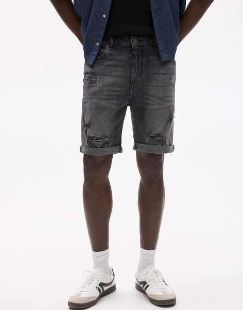Pull&Bear – Gerippte Bermuda-Jeansshorts in verblasstem Schwarz mit schmalem Schnitt - view 1