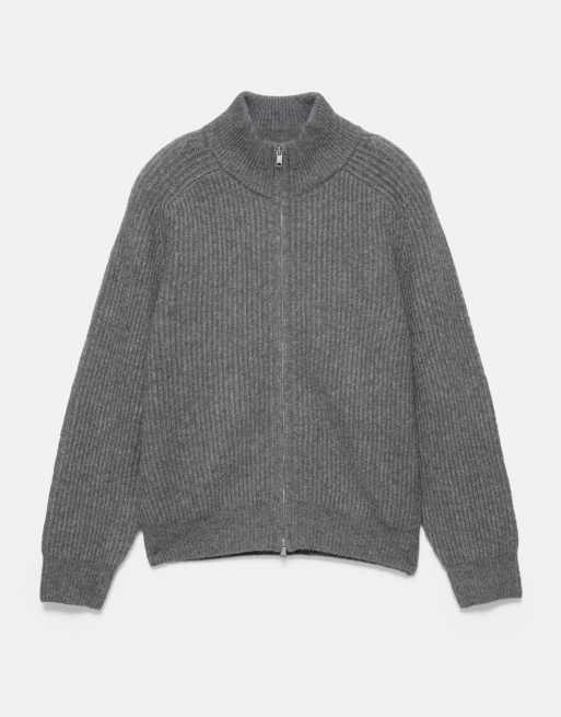 Pull&Bear gerippte Strickjacke mit Reißverschluss in dunklem Anthrazit, 5 von 7