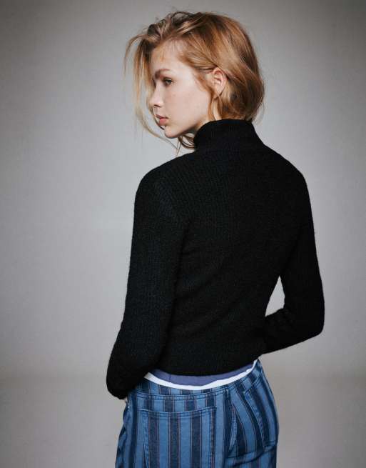 Pull&Bear gerippte Strickjacke mit Reißverschluss in Schwarz, 3 von 7