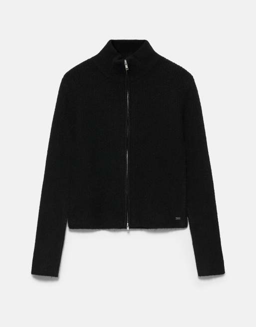 Pull&Bear gerippte Strickjacke mit Reißverschluss in Schwarz, 6 von 7