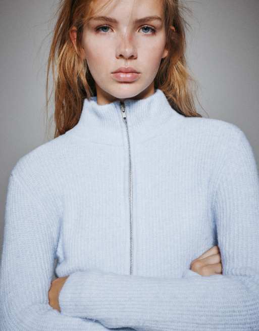 Pull&Bear gerippter Cardigan mit Reißverschluss in Pastellblau, 2 von 7