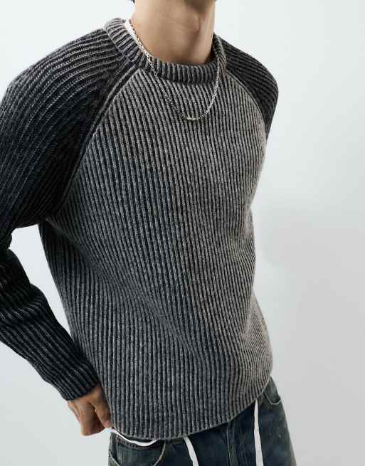 Pull&Bear gerippter Pullover mit Raglanärmeln in dunklem Anthrazit, 3 von 7