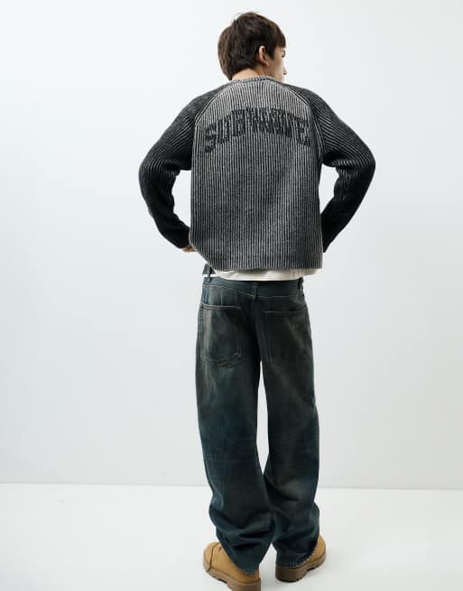 Pull&Bear gerippter Pullover mit Raglanärmeln in dunklem Anthrazit, 4 von 7