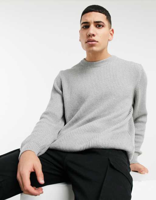 Pull&Bear – Gerippter Pullover mit Rundhalsausschnitt in Grau