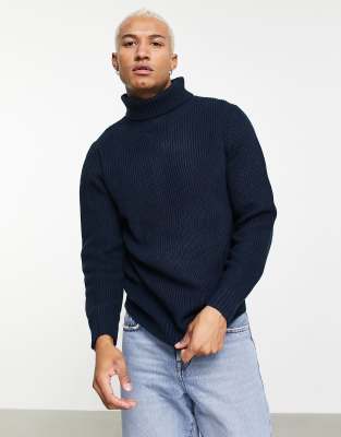Pull&Bear – Gerippter Rollkragenpullover in Marineblau