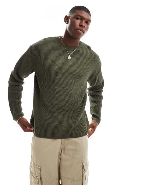 Pull&Bear – Gerippter Strickpullover in Khaki - view 1
