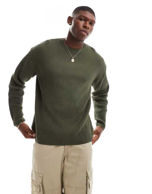 Pull&Bear – Gerippter Strickpullover in Khaki