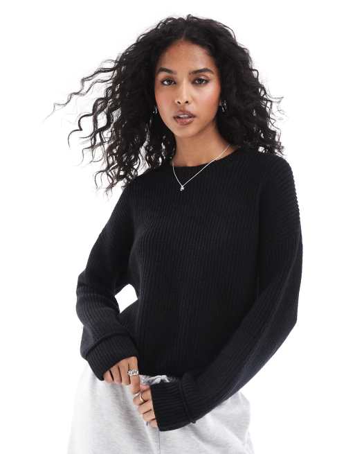 Pull&Bear – Gerippter Strickpullover in Schwarz