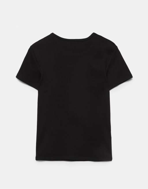 Pull&Bear – Geripptes, kurzärmliges T-Shirt in Schwarz, 7 von 7