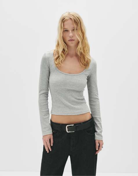 Pull&Bear – Geripptes, langärmliges Shirt in meliertem Mittelgrau - view 1