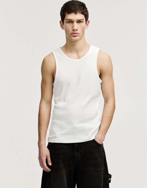 Pull&Bear – Geripptes Tanktop in Weiß