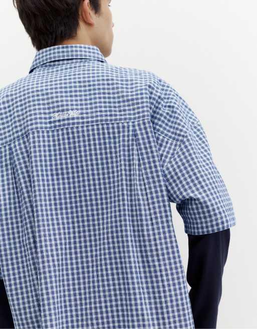 Pull&Bear geruit overhemd met dubbele mouwen in blauw, 5 van 7
