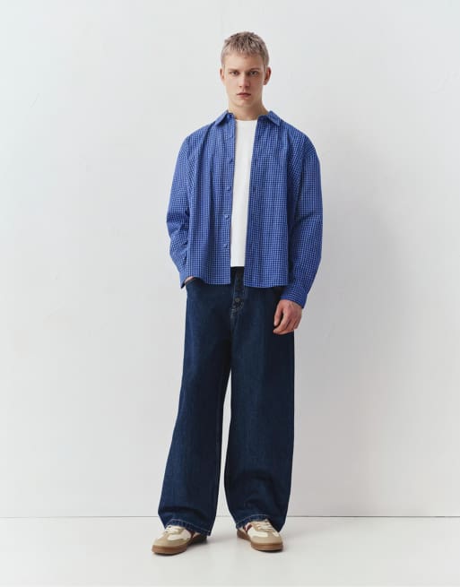 Pull&Bear - Geruit overhemd met lange mouwen in blauw, 4 van 4