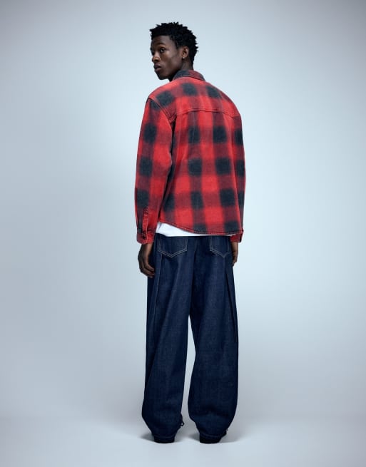 Pull&Bear geruit overshirt met lange mouwen in rood, 2 van 7