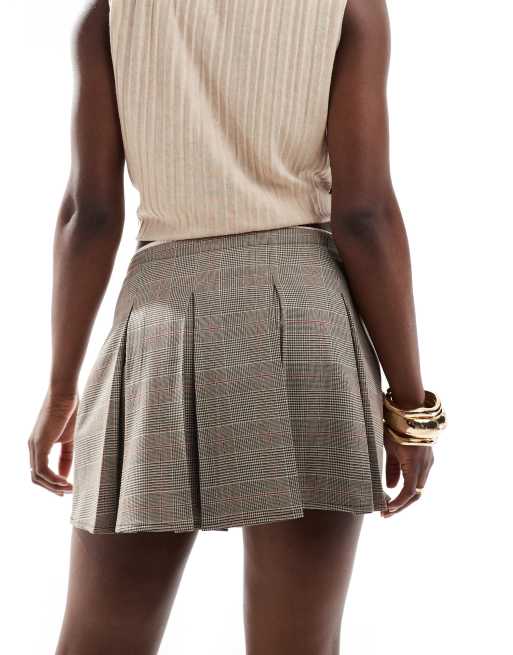 Pull&Bear - Geruite geplooide mini rok met contrasterende satijnen tailleband in grijs, 5 van 5