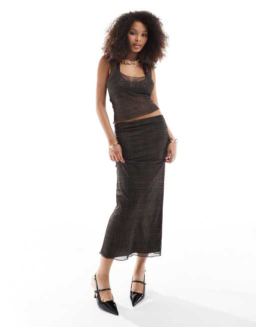 Pull&Bear - Geruite maxi rok van mesh in bruin, deel van co-ord set