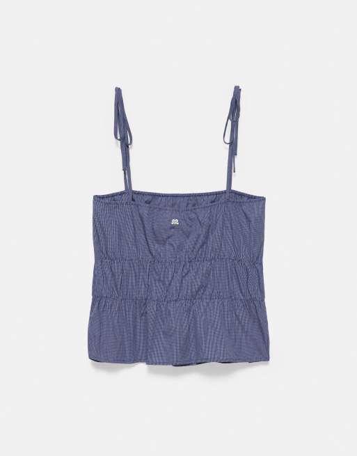 Pull&Bear geruite top met plooien en bandjes in navy, 6 van 7