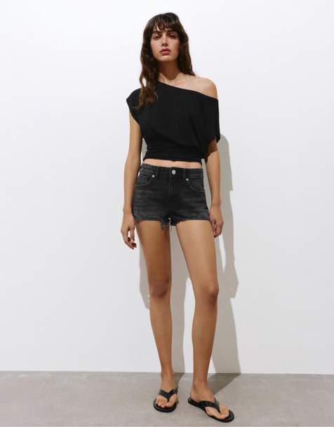 Pull&Bear - Gescheurde denim short in zwart - view 1