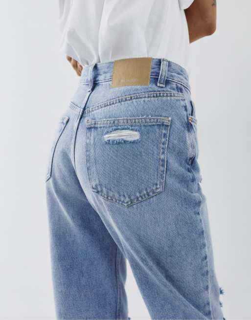 Pull&Bear - Gescheurde mom fit jeans in indigo, 4 van 6