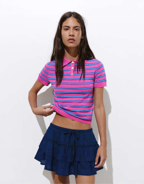 Pull&Bear - Gestreept gebreid poloshirt in aardbei - view 1