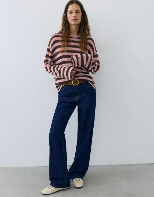 Pull&Bear gestreept gebreid T-shirt in bruin, 3 van 7