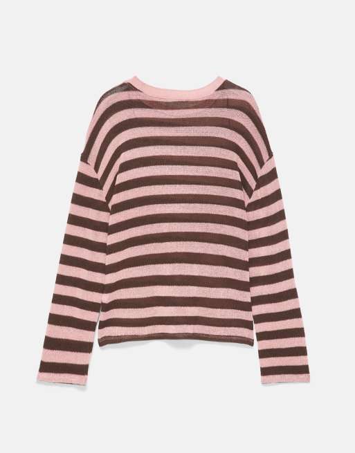 Pull&Bear gestreept gebreid T-shirt in bruin, 7 van 7