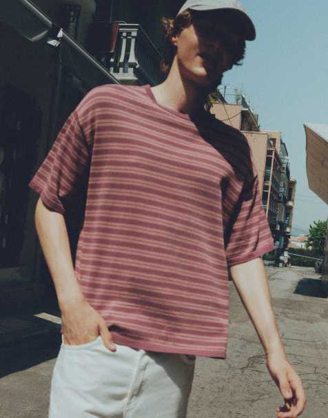 Pull&Bear gestreept gebreid T-shirt in paars - view 1