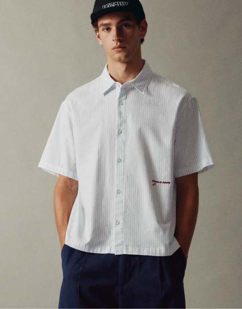 Pull&Bear gestreept overhemd met korte mouwen in licht ecru - view 1