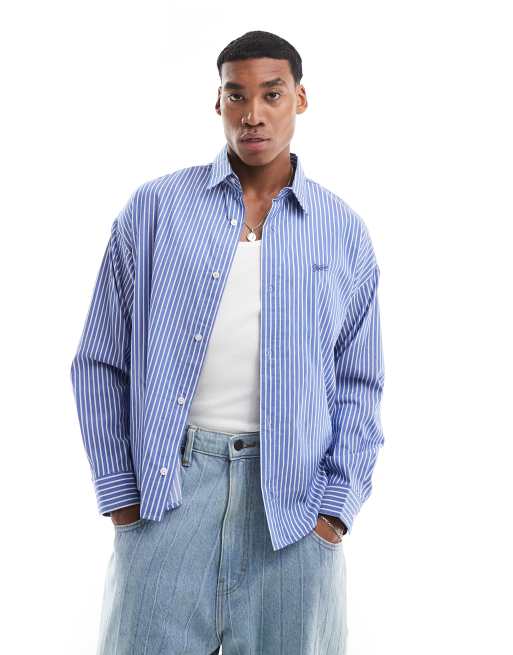 Pull&Bear - Gestreept overhemd met lange mouwen in blauw
