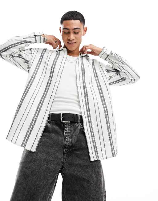 Pull&Bear - Gestreept overhemd met lange mouwen in wit