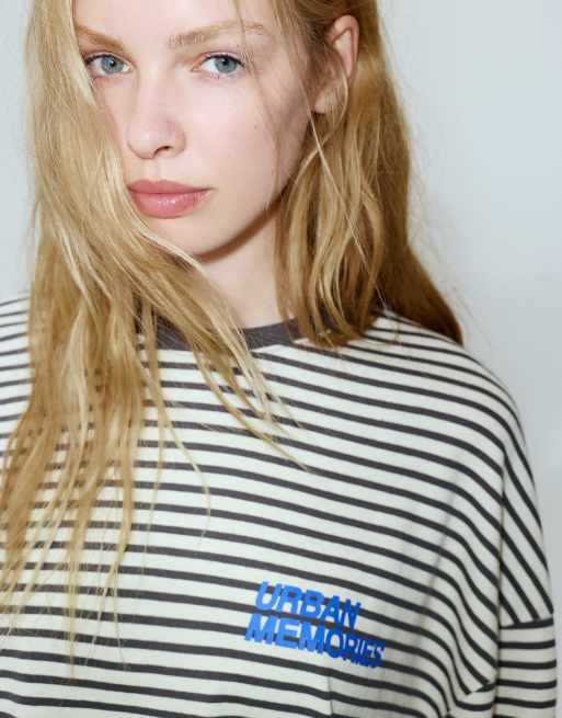 Pull&Bear gestreept T-shirt met graphic in grijs, 3 van 7