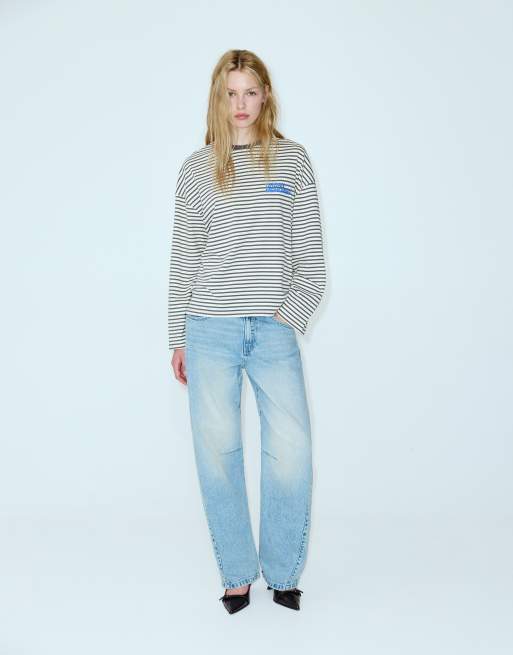 Pull&Bear gestreept T-shirt met graphic in grijs, 4 van 7